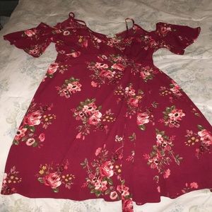 Maroon floral cold shoulder wrap dress